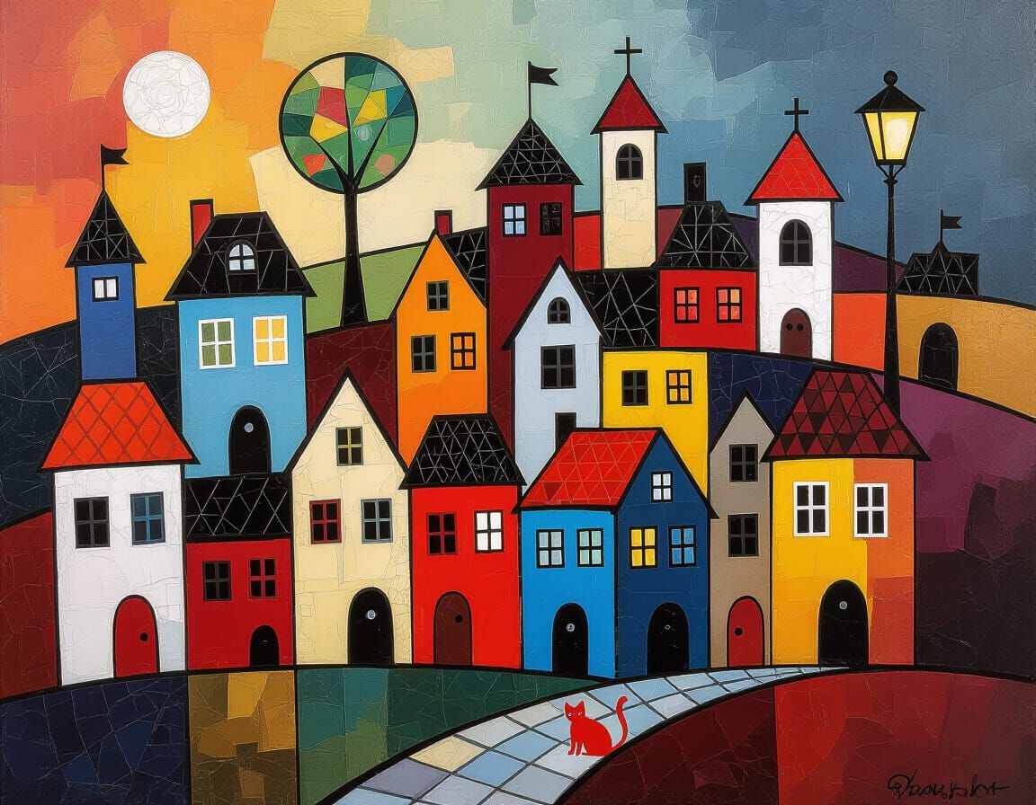 Whimsical Houses in Space: Expressionist Mixed Media