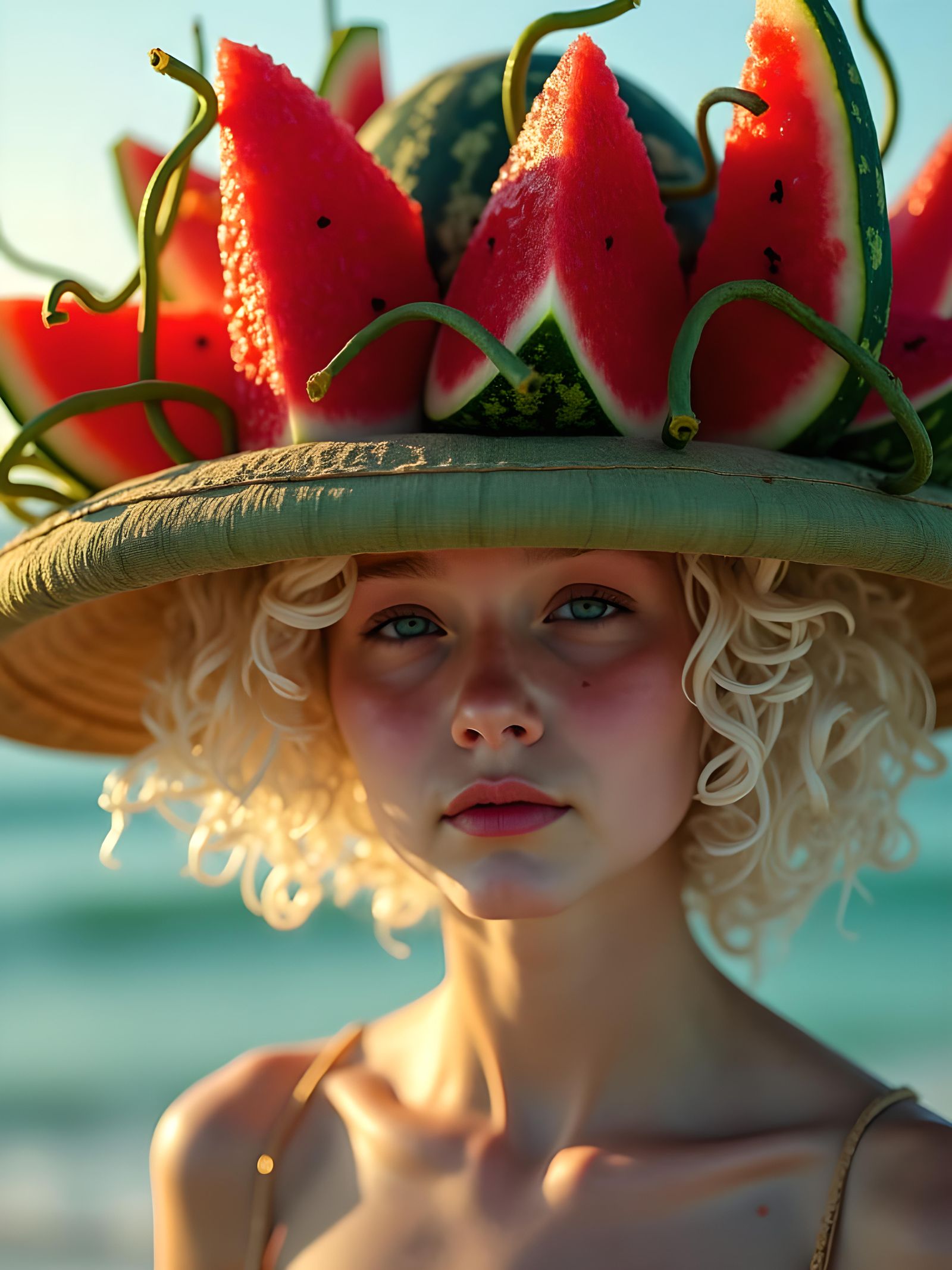 Albino Woman's Watermelon Hat on Sunset Beach