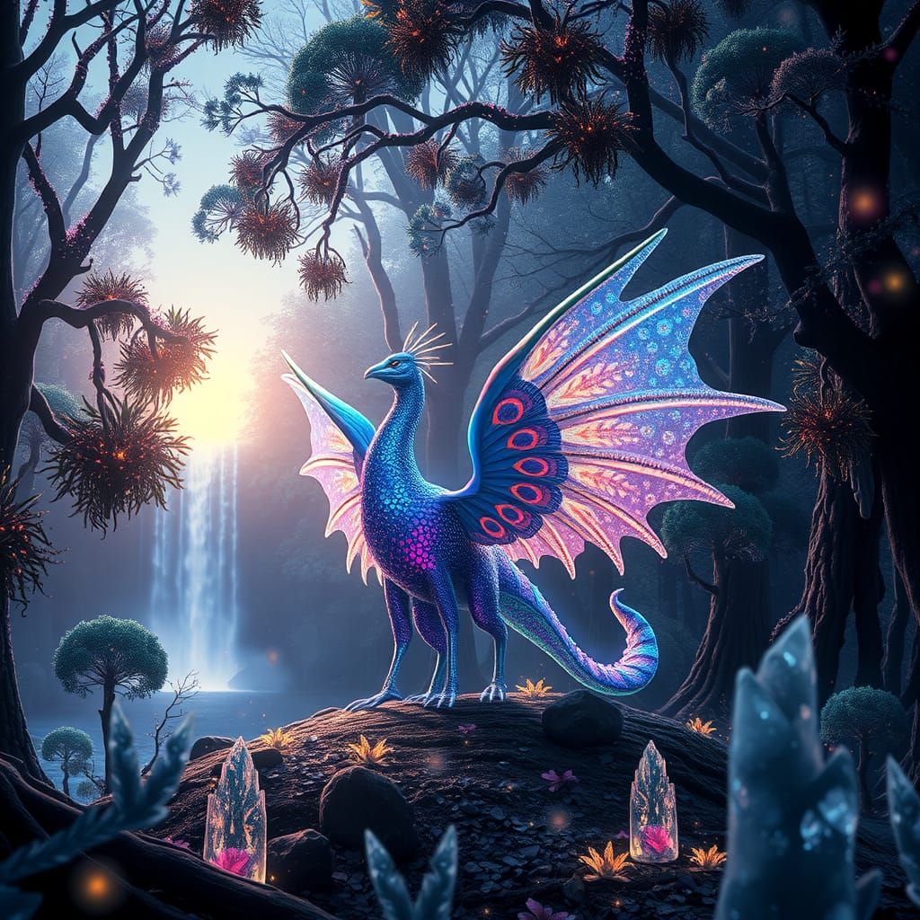 A mystical creature resembling a fusion of a peacock and a dragon.