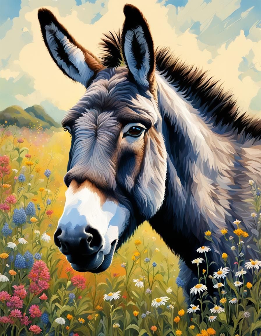 Donkey Portrait in Wildflower Meadow, Hyperrealistic Style