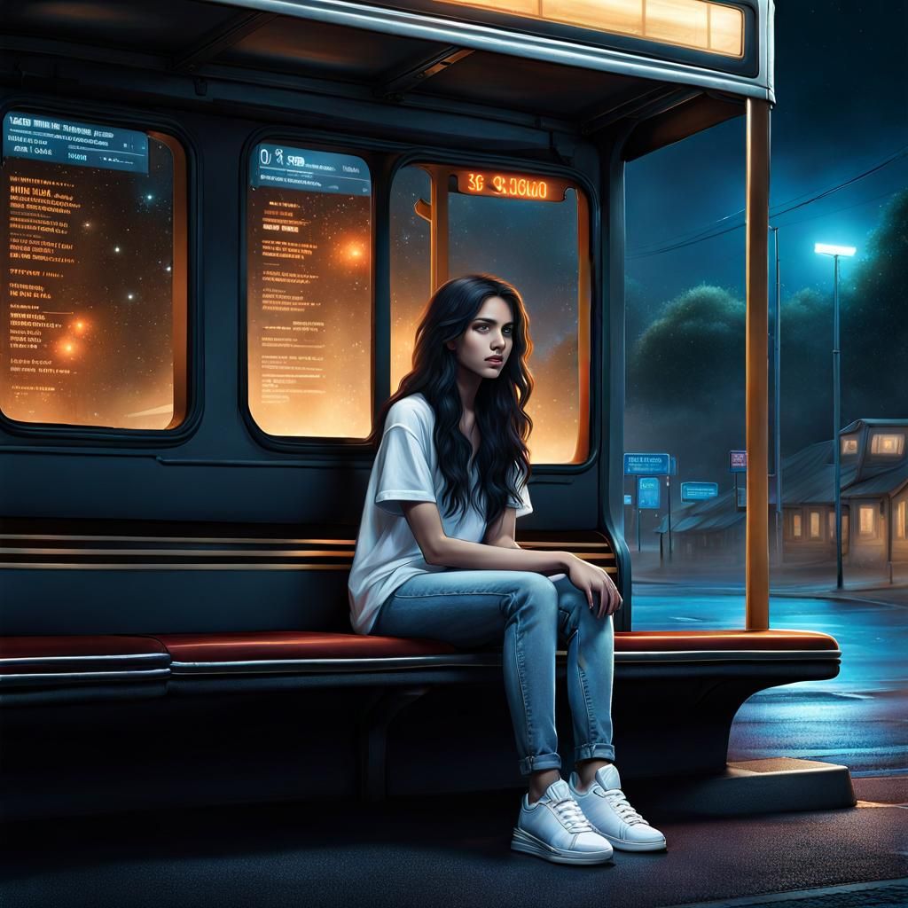Girl at Bus Stop: Fantasy Concept Art