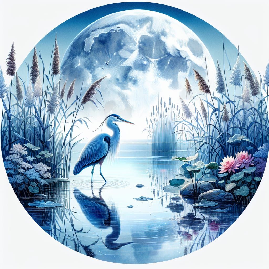 Blue Heron in Moonlit Waters: A Watercolor Masterpiece