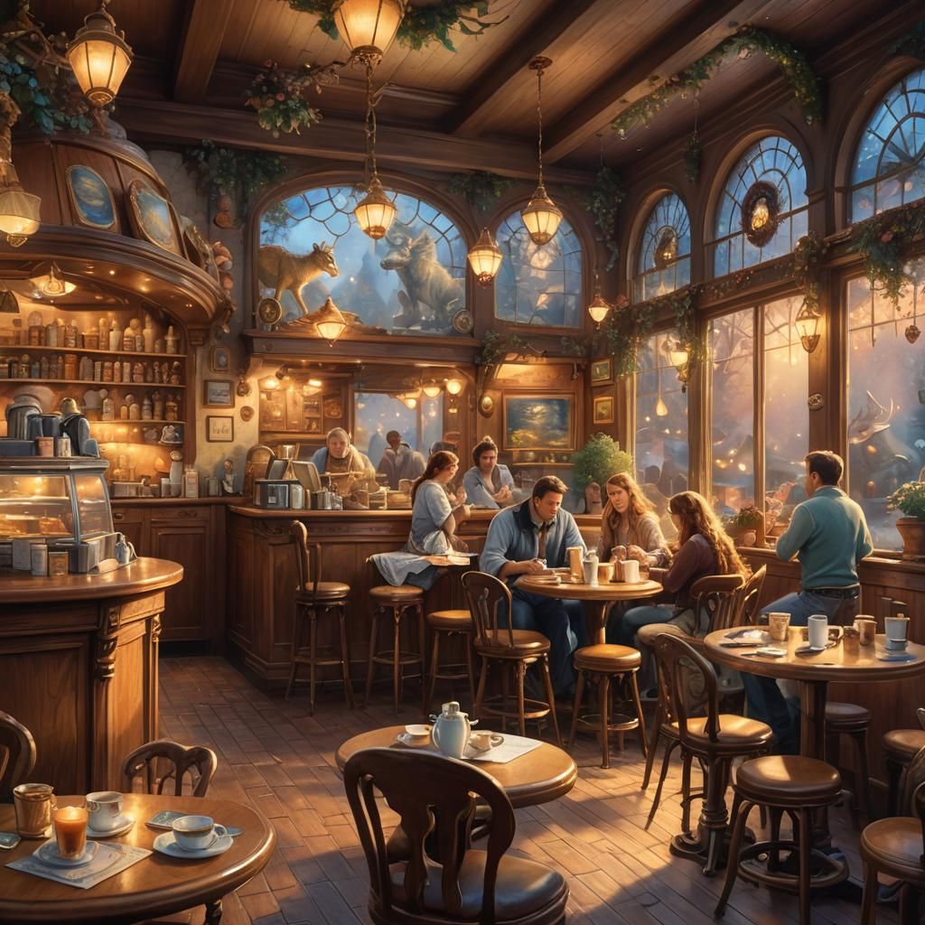 Enchanting Coffee Shop with Mythical Beings