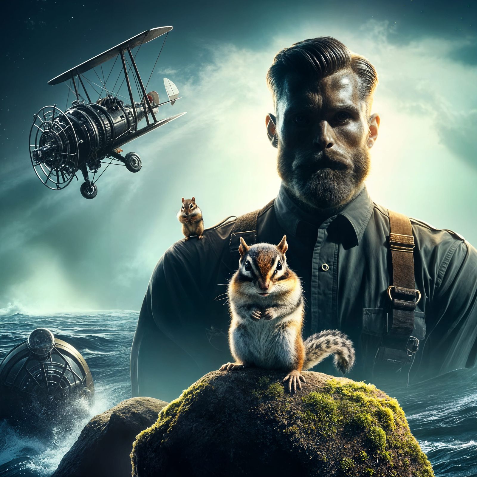 Chipmunk Perched on Actor, Dramatic Cinematic Still