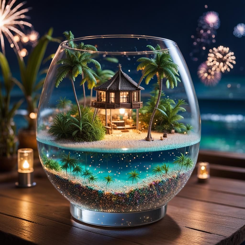 Tiny Tropical Island Paradise in a Cocktail Glass at Night