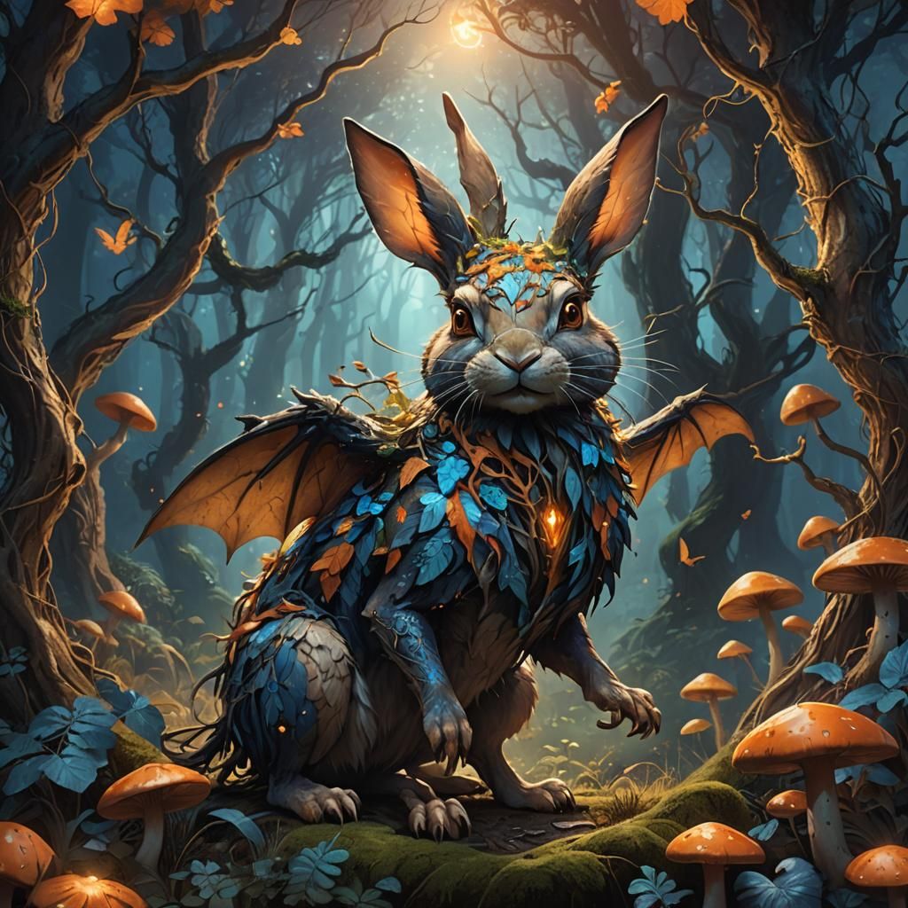Mystical Bat-Rabbit Creature in Ancient Forest