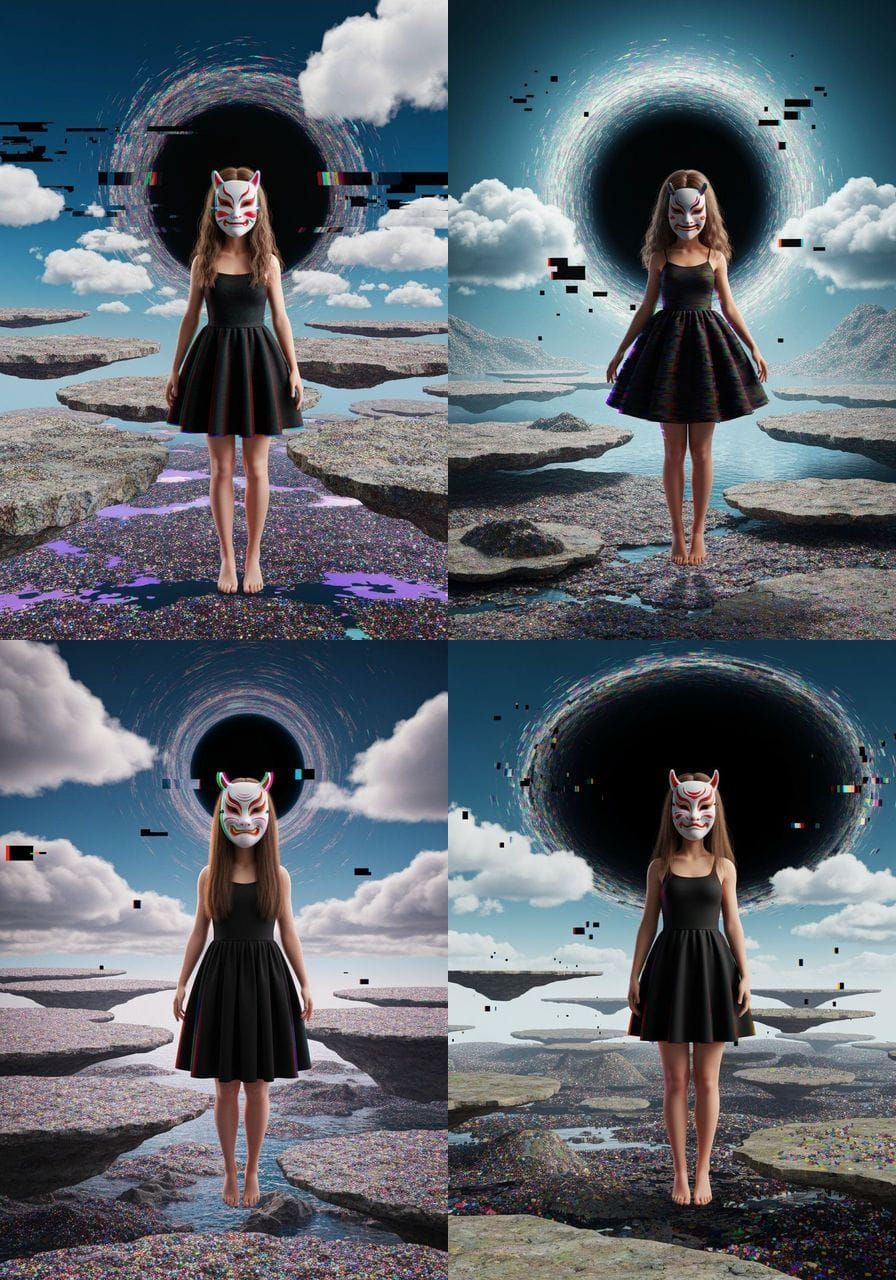 Surreal Glitch Girl in Japanese Mask