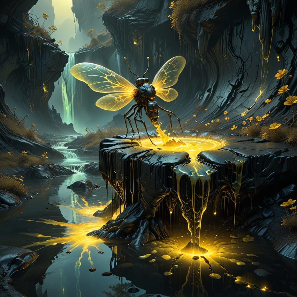 Surreal Biomechanical Firefly Emerges from Obsidian Island