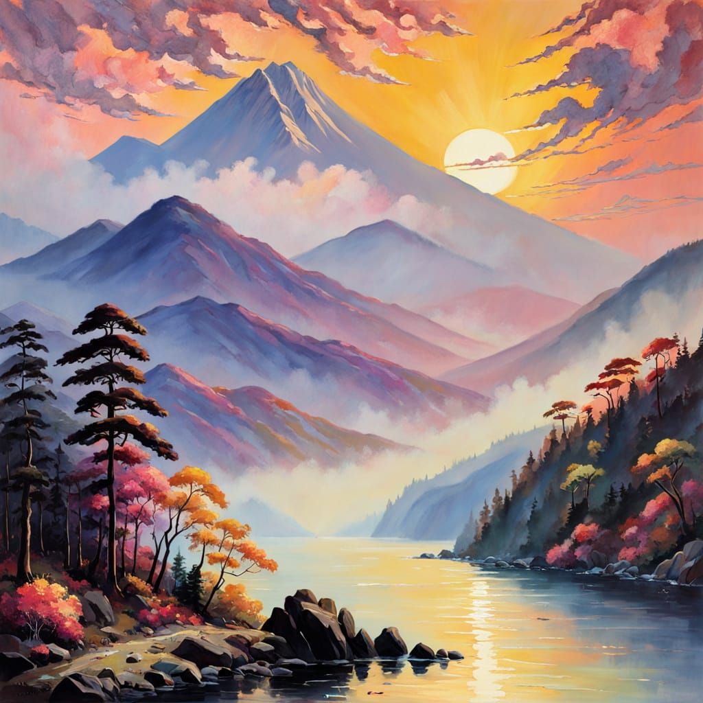 Ethereal Japanese Landscape at Sunset in Gouache Style