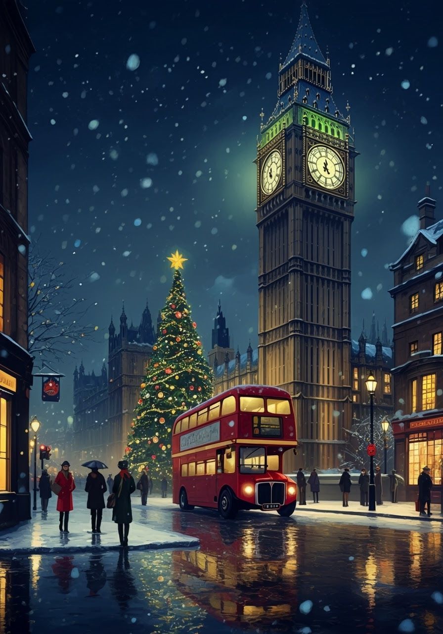 Christmas Night in London with Big Ben and Snow