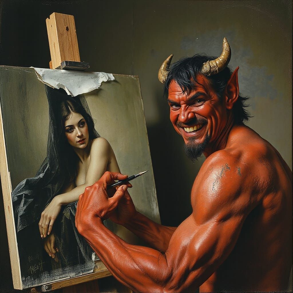 Devilish Painter Creates Sinister Portrait on Canvas