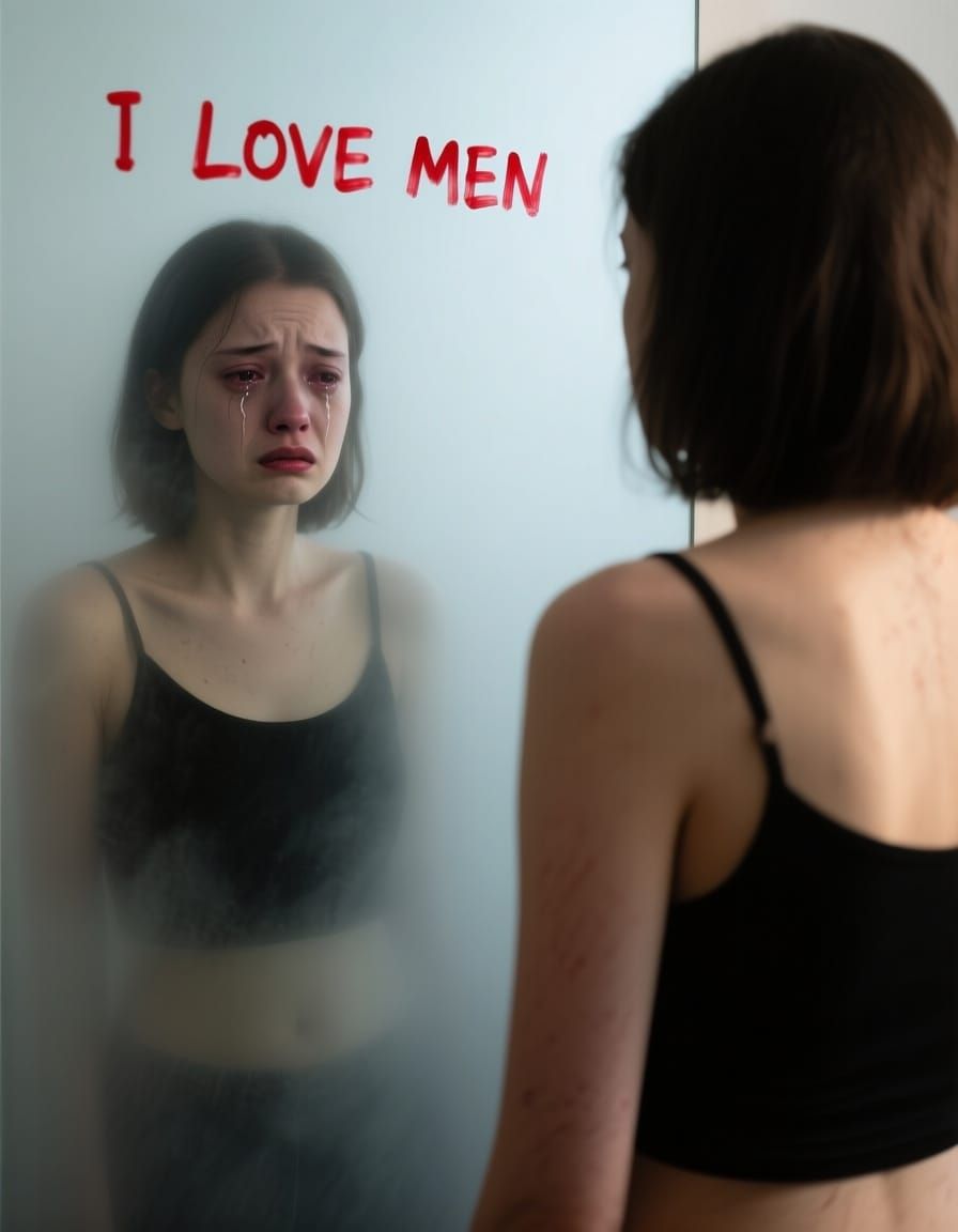 Woman Gazes at Lipstick Message in Foggy Mirror