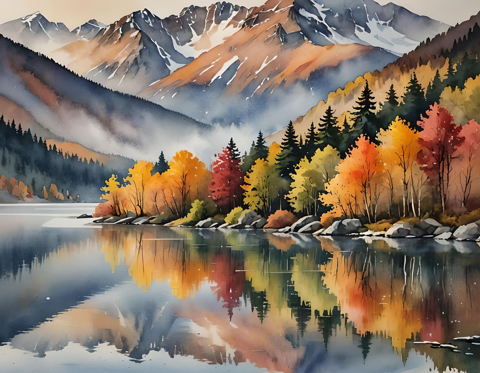 Serene Mountain Lake Watercolor Landscape