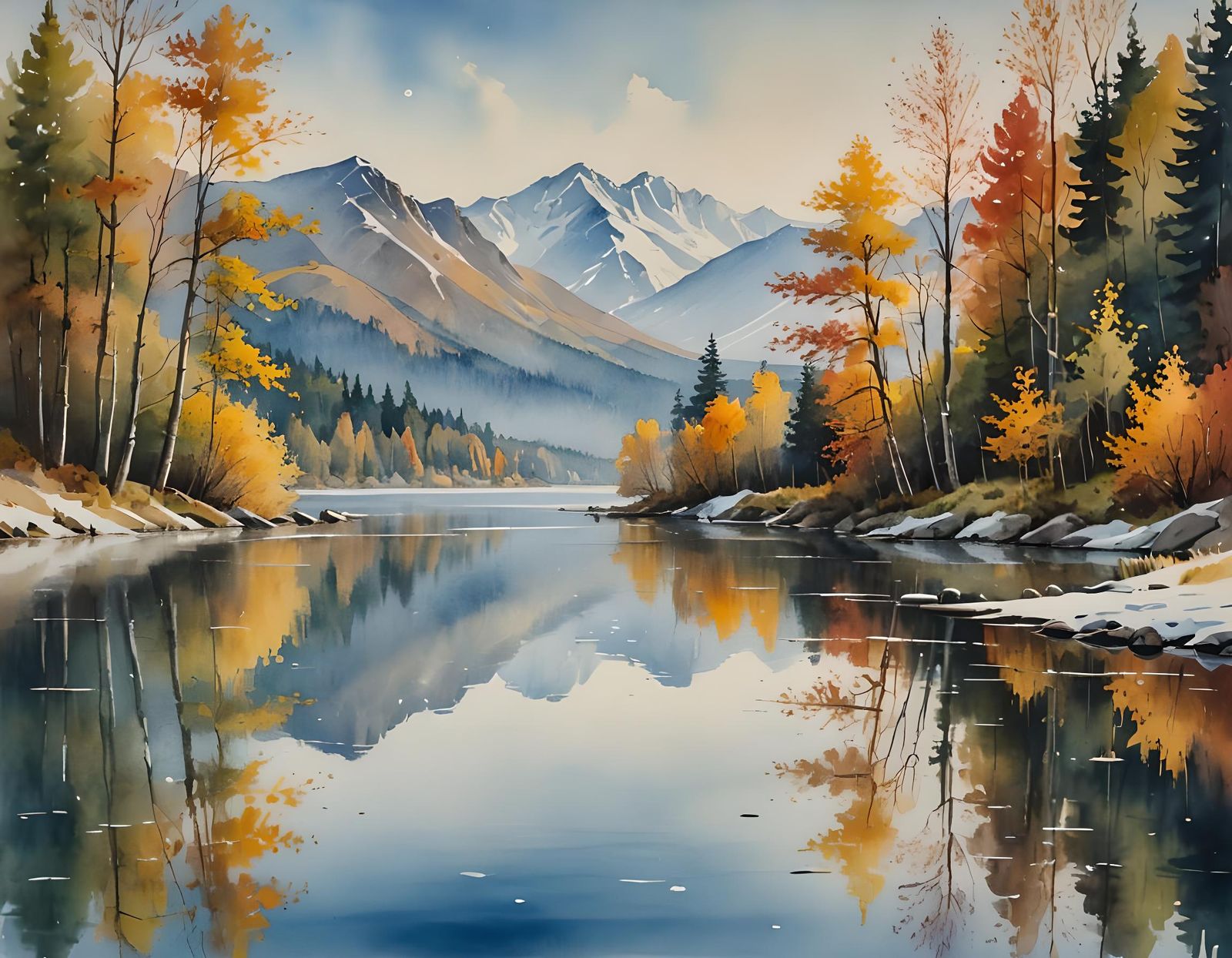 Serenely Beautiful Watercolour Landscape of Snowy Mountains....