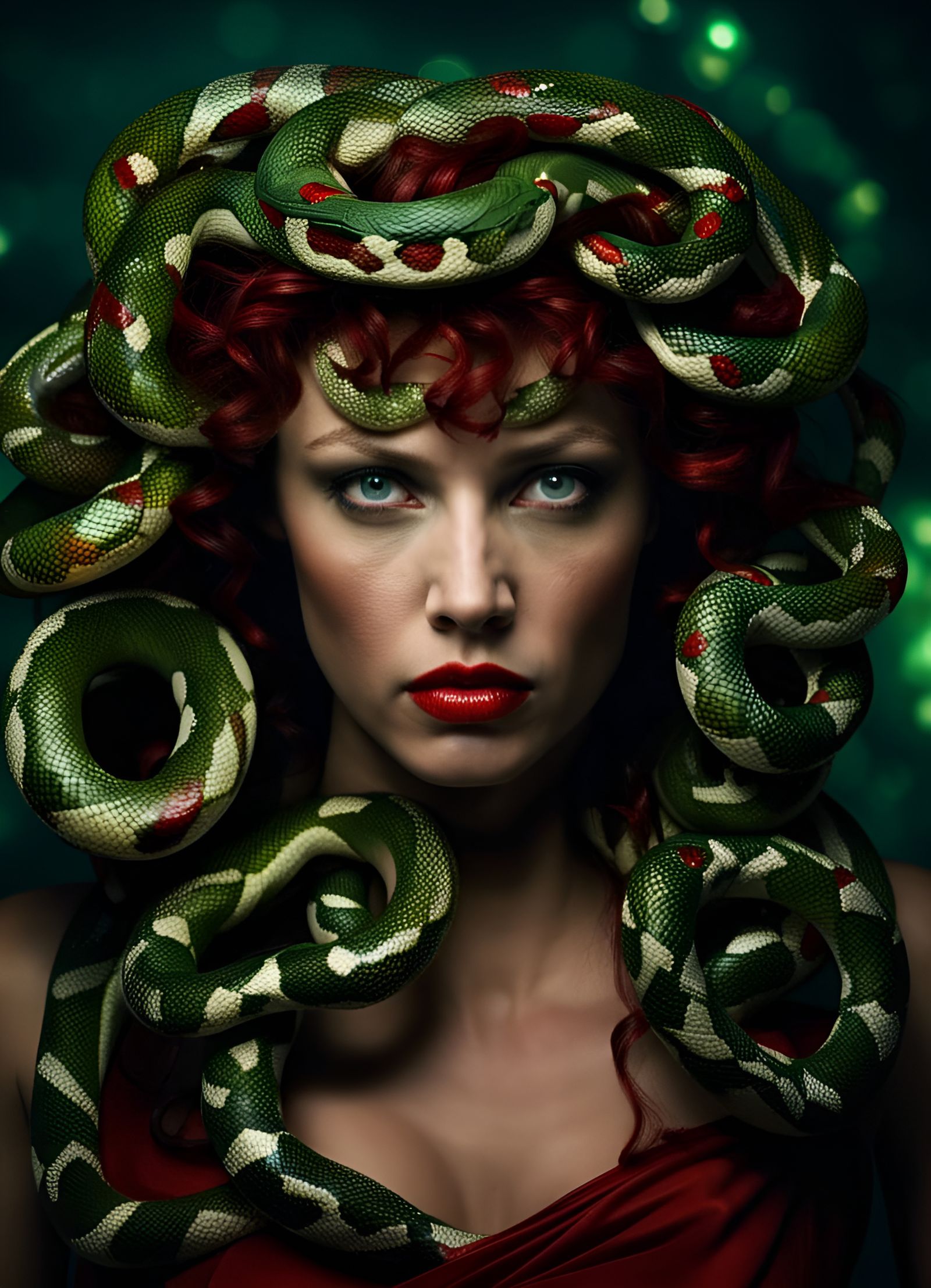Medusa Portrait with Green Snakes and Bokeh Background