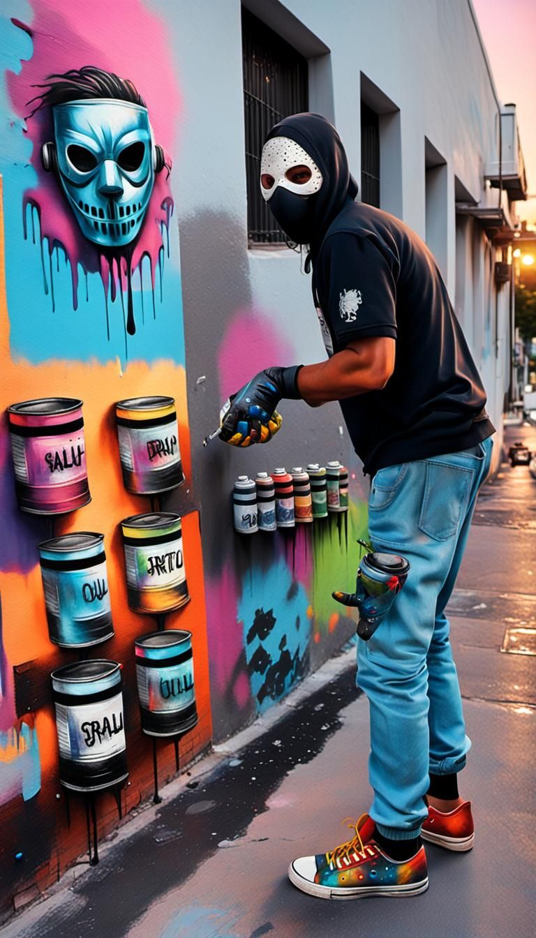Masked Street Artist at Dusk in Expressionist Style