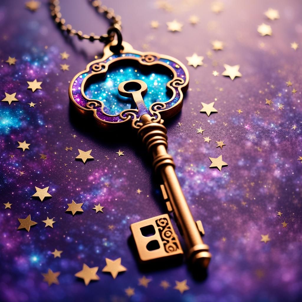 Vintage Key Floating in Purple Cosmos