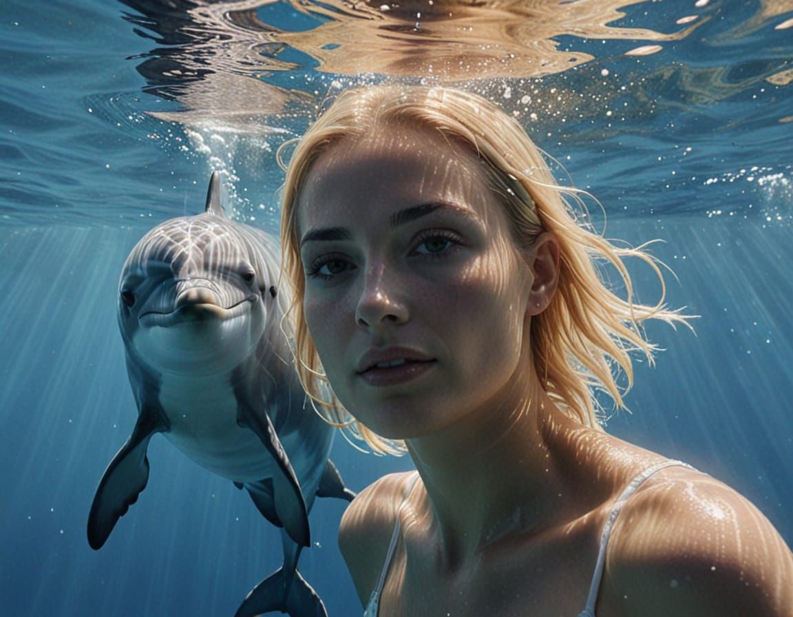 Woman and Dolphin Swim in Underwater Sunlight