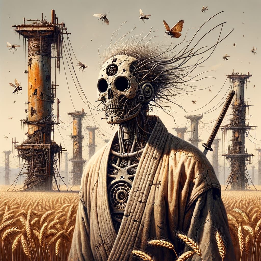 Gaunt Biomechanical Being in Dieselpunk Landscape