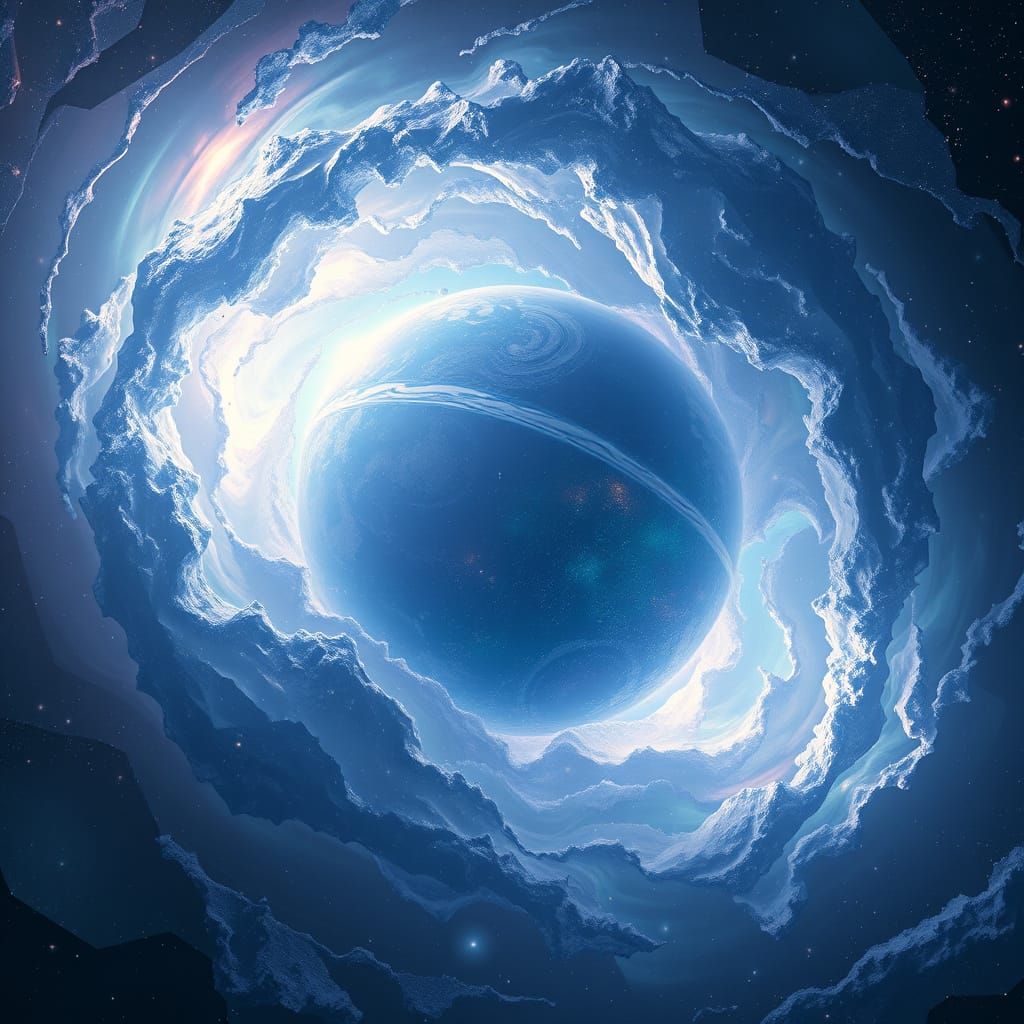 A colossal, swirling vortex of iridescent, viscous fluid engulfs planets and distorts the fabric of spacetime, drawing e...