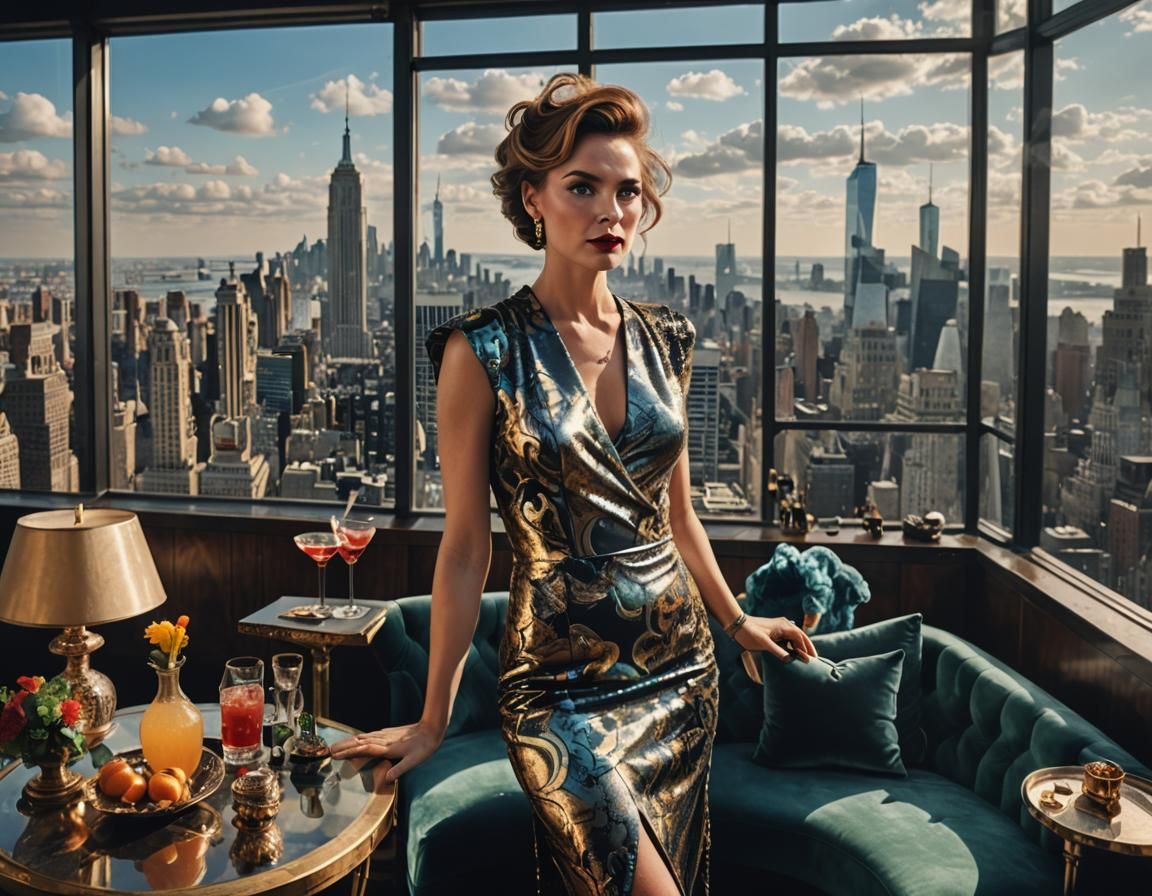 Maximalist Penthouse Interior with Woman Smoking Pipe