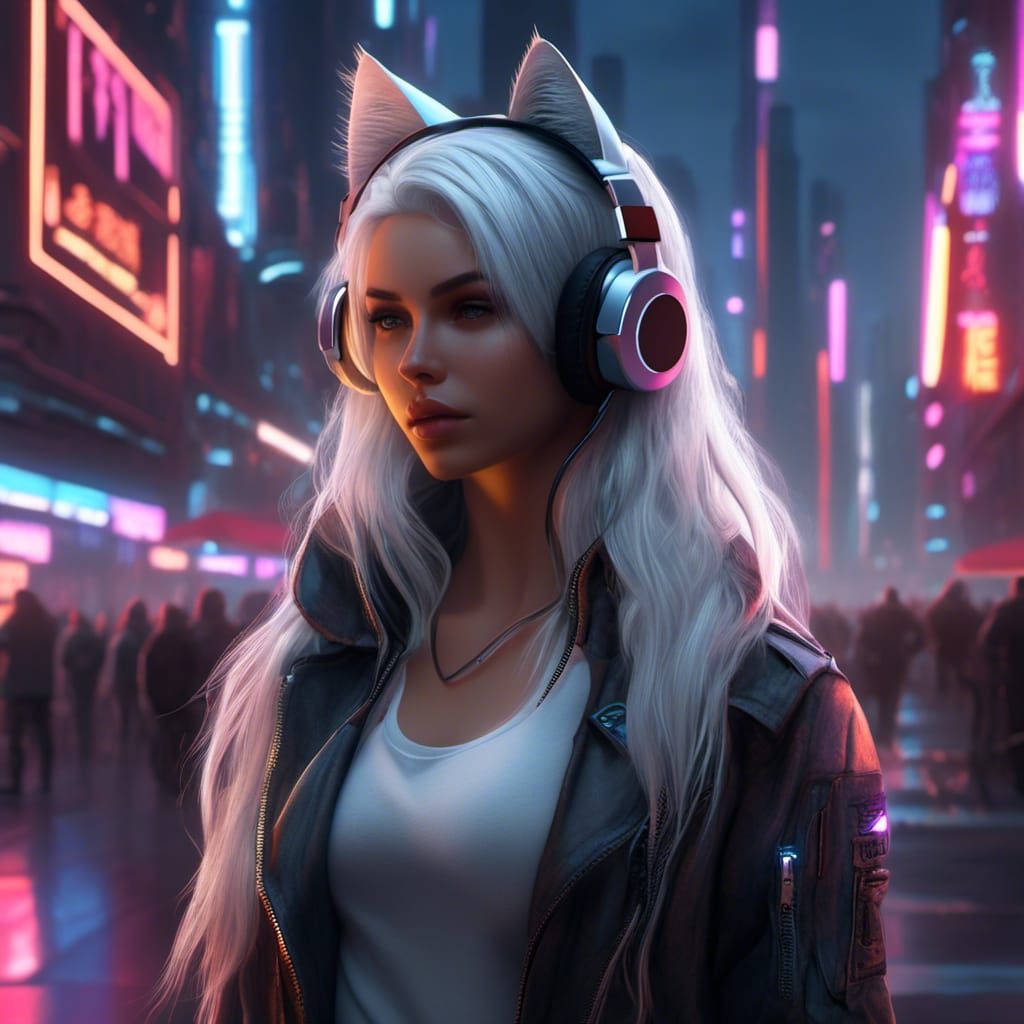 Cyborg Woman with Cat Ears in Cyberpunk City