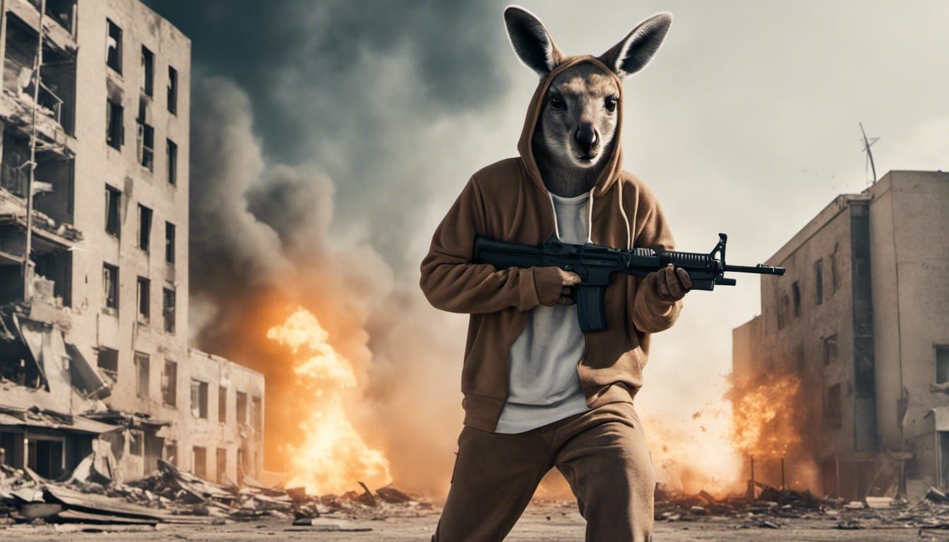 Kangaroo with Gun in Post-Apocalyptic Cityscape