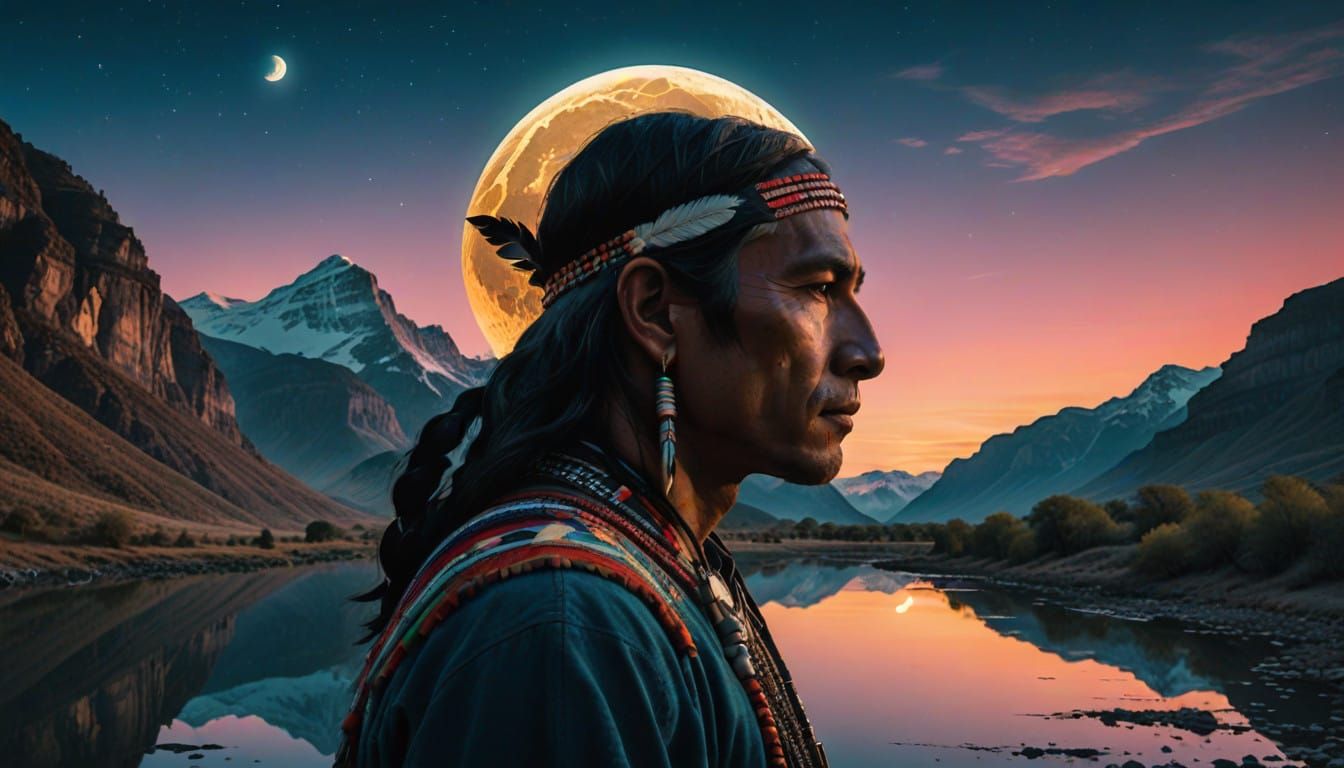 Native American and Modern Man Unite Under the Full Moon