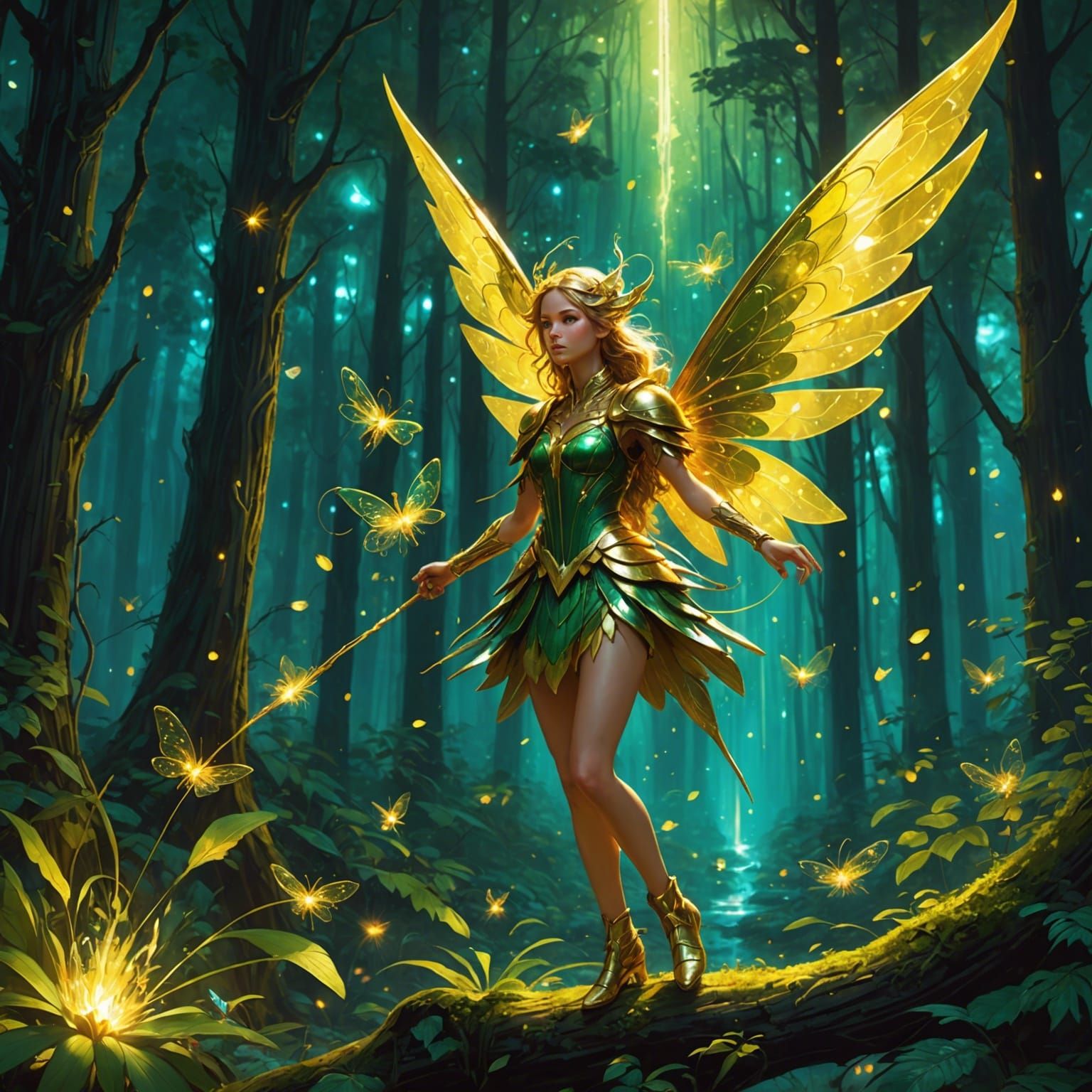 Golden Fairy Rules Forest in Retrofuturistic Style
