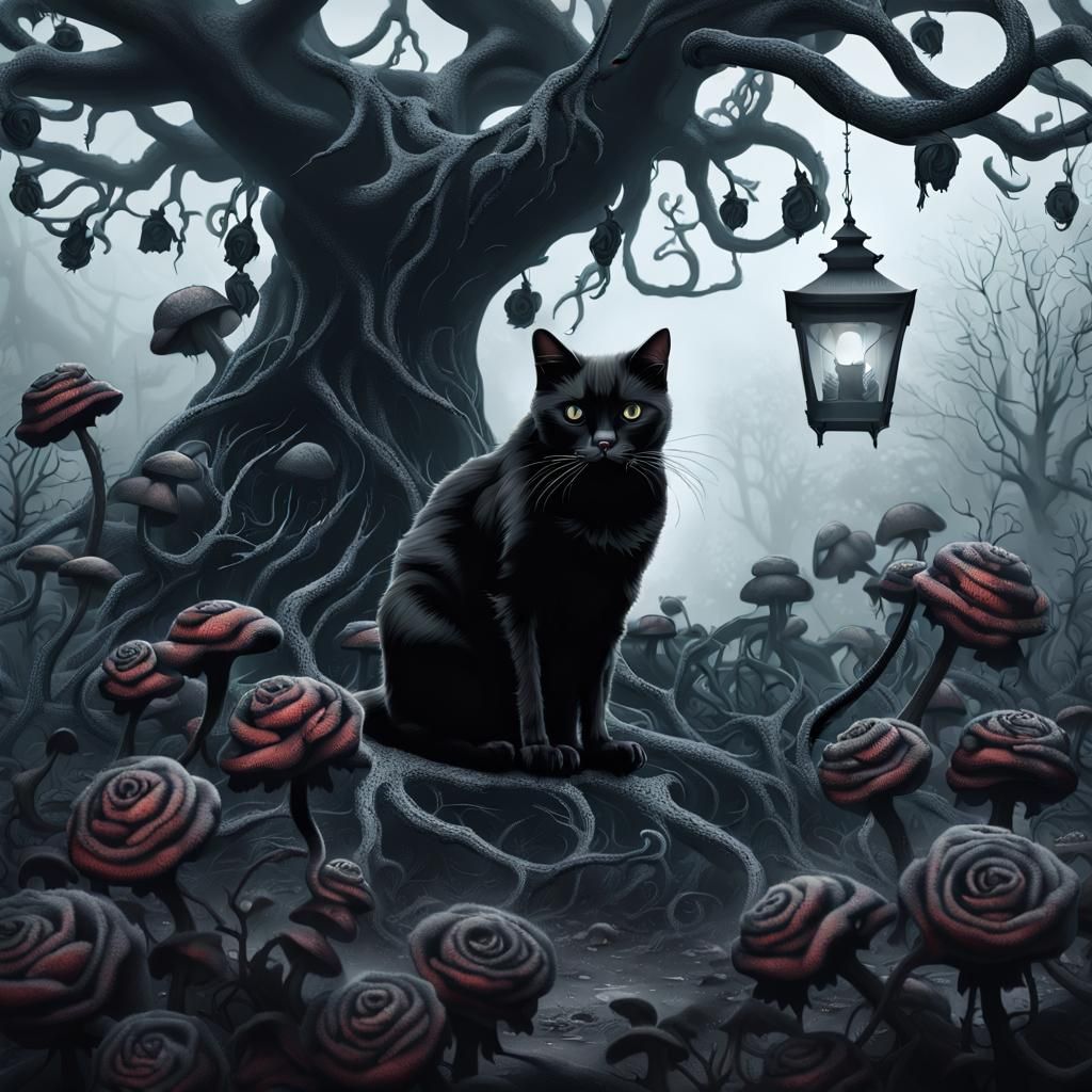 Eerie Black Cat in Cursed Garden: Dark Academia Art
