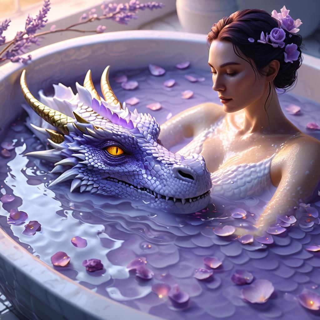Milk Woman and Dragon in Surreal Pastel Bath