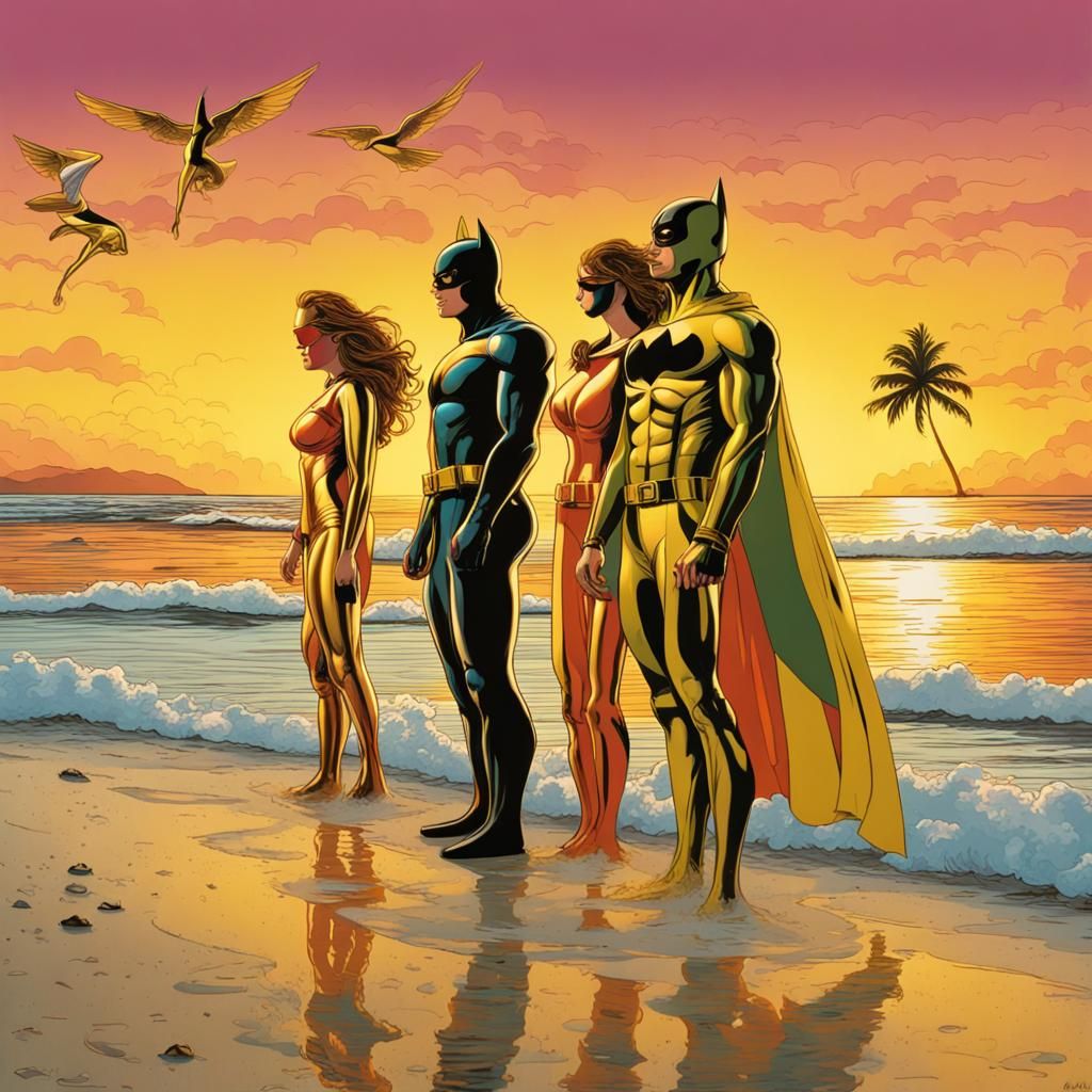 Superheroes Enjoying a Pop Art Beach Seascape