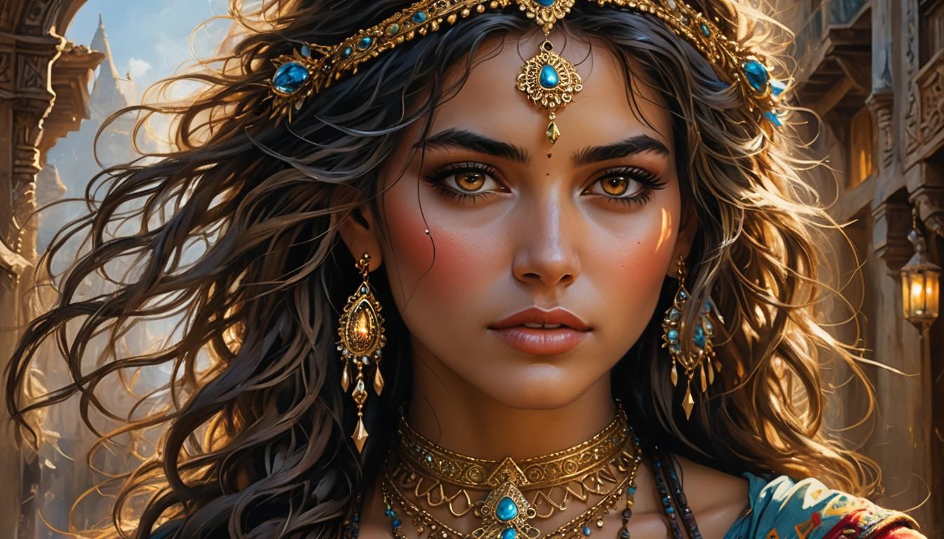 Beautiful Girl with Golden Highlights in Photorealistic Styl...