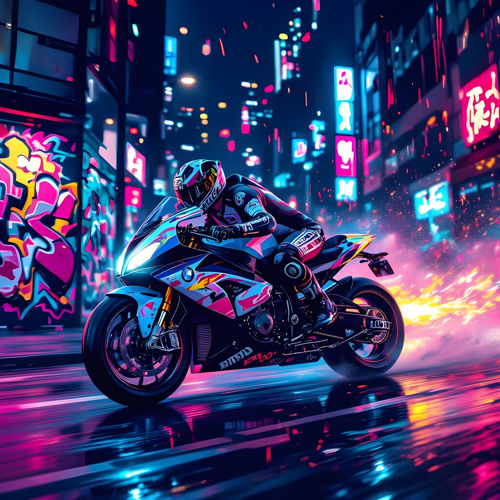 BMW RR Race Bike Graffiti Art at Night