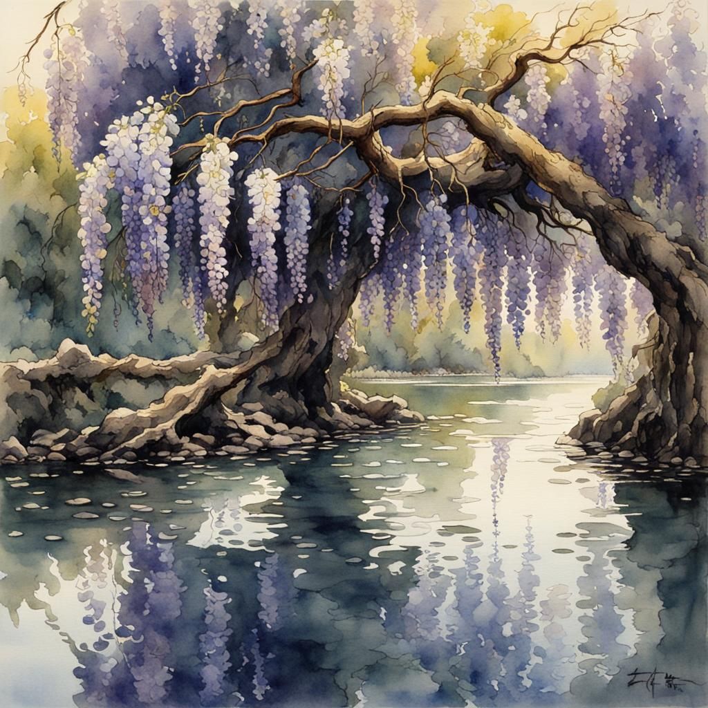 Wisteria Tree River Scene in Watercolor Style