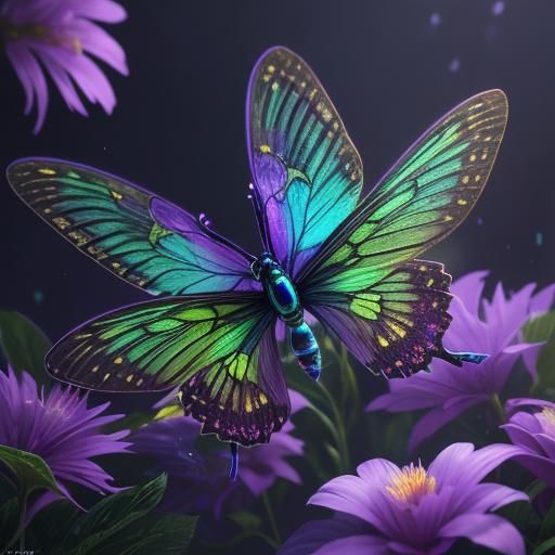 Magical Bug with Glowing Wings in Moonlit Forest