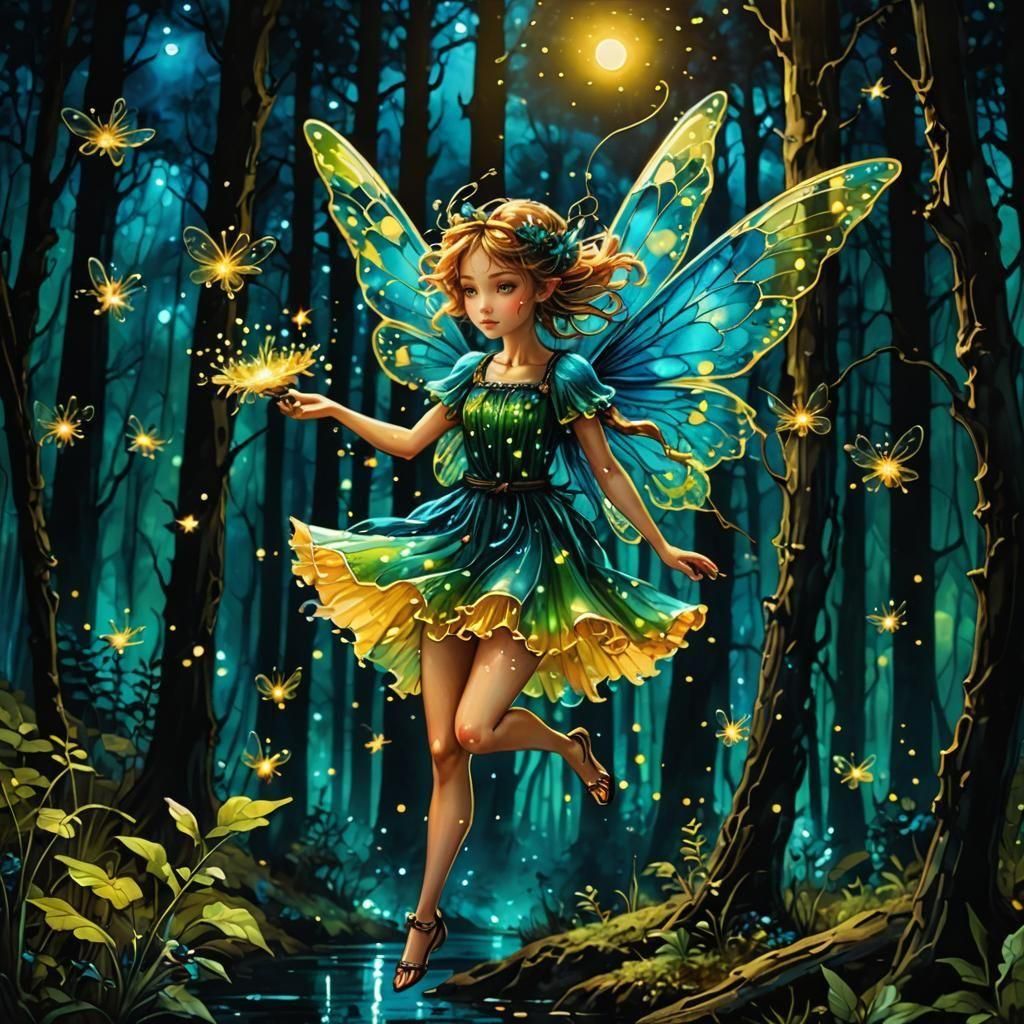 bioluminescent fairy flying at night in a forest lit only by fireflies