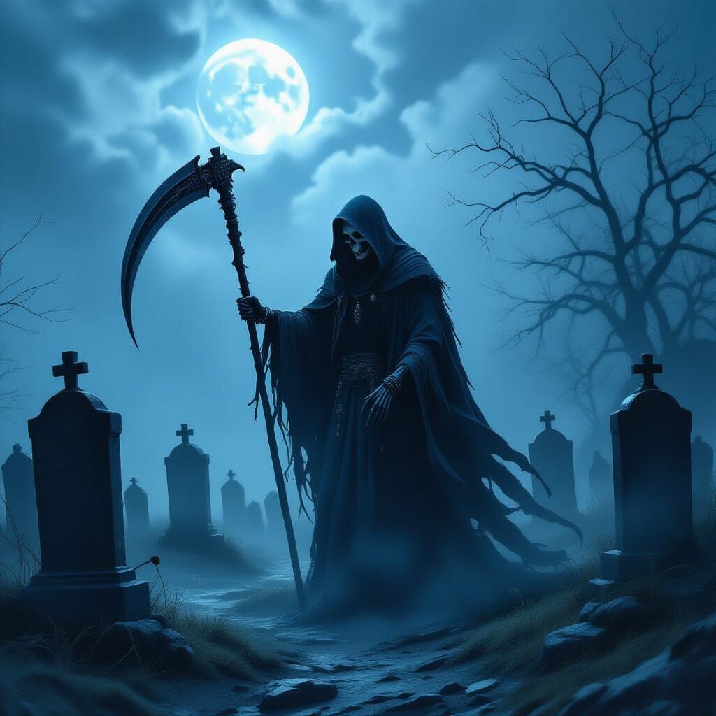 Grim Reaper in Foggy Graveyard with Glowing Scythe
