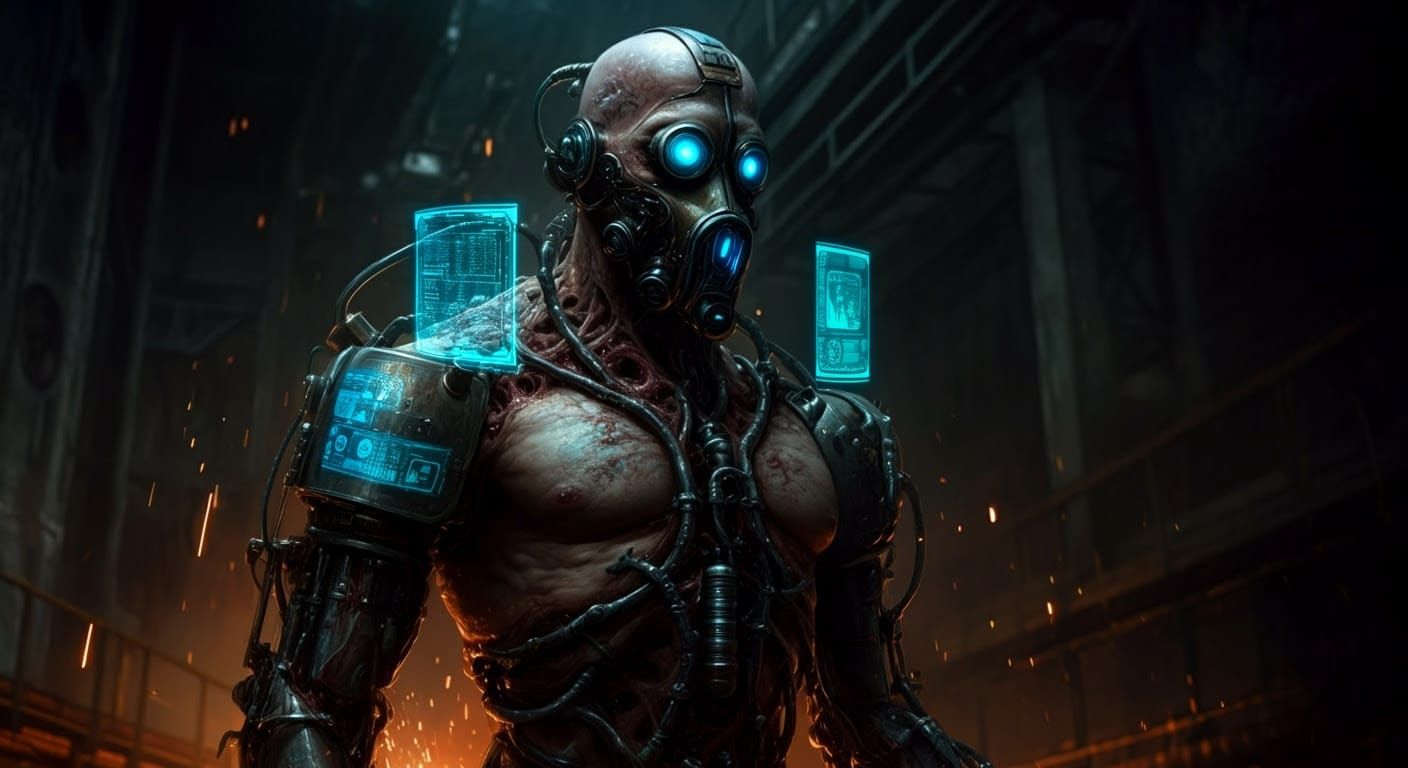 Cybernetic Posthuman in Dark, Gritty Industrial Landscape