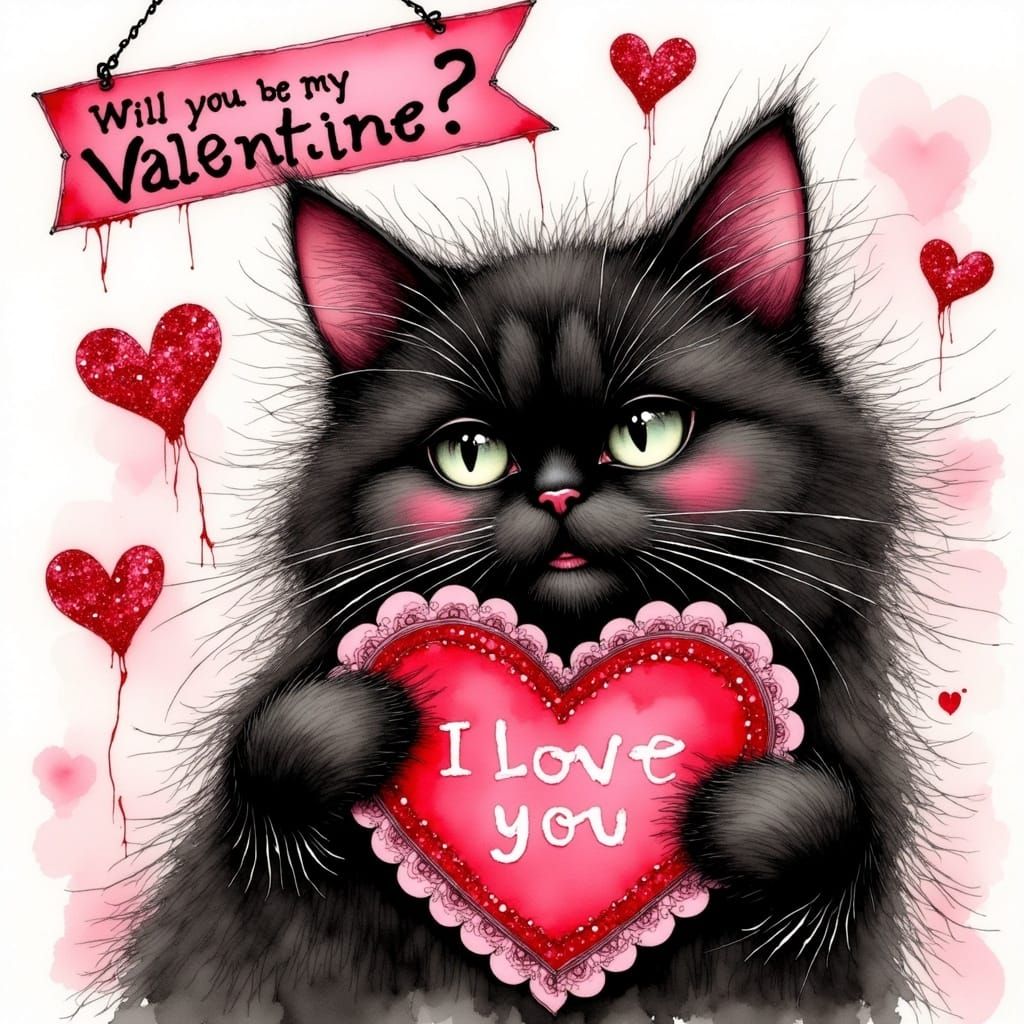 Whimsical Black Cat Holding Valentine's Day Card in Red and ...