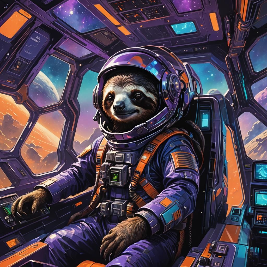 Sloth Pilot Navigating Spaceship in Sci-Fi Nebula