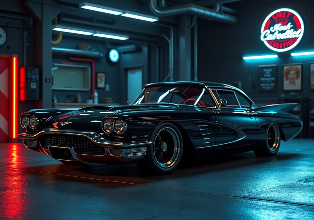 Retro-Futuristic Hybrid Sports Car in a Neon Garage