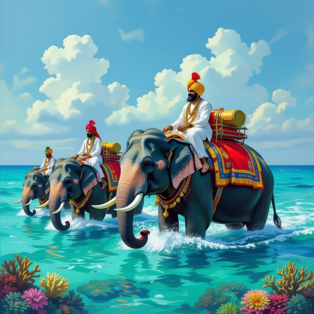 Elephants Swimming in Andaman Sea, Landscape Realism