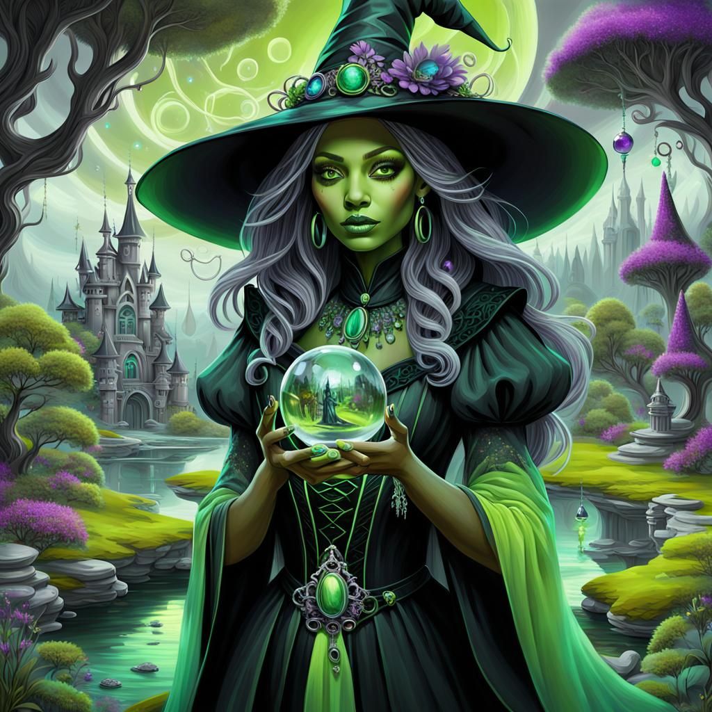 Neon Green Witch Portrait in Surrealist Style