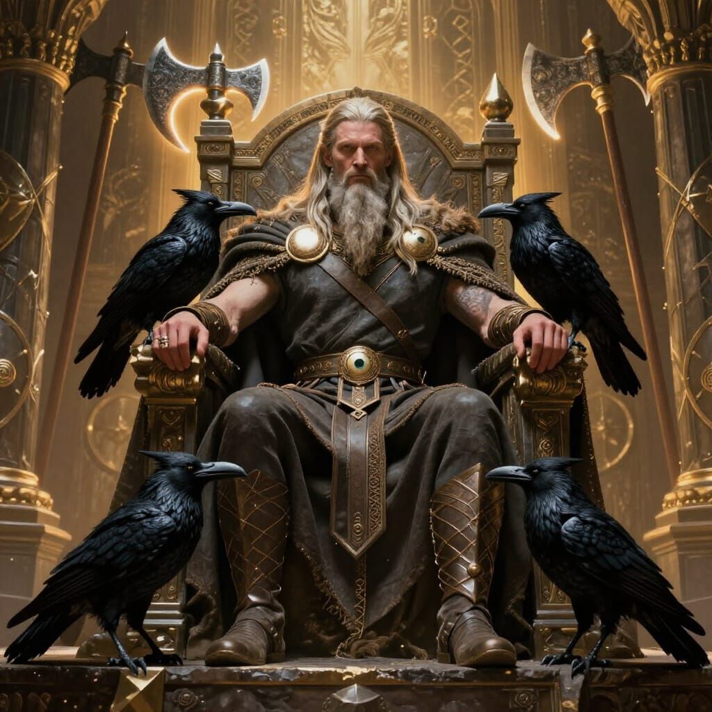 Odin, the Allfather, seated on his throne, flanked by his ravens Huginn and Muninn. His single eye glea...