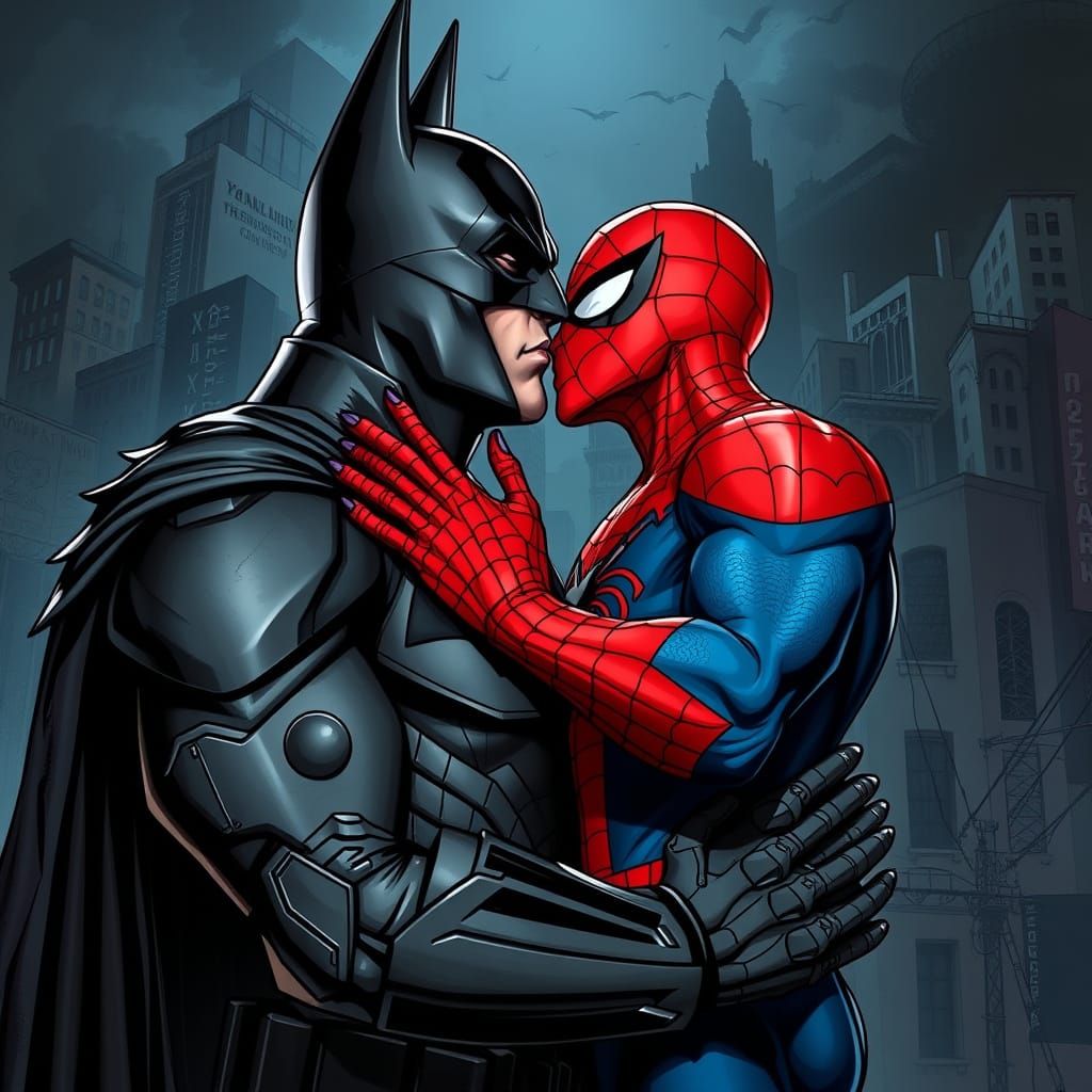 Dark Batman Kissing Cartoonish Spiderman in a Gotham City-In...