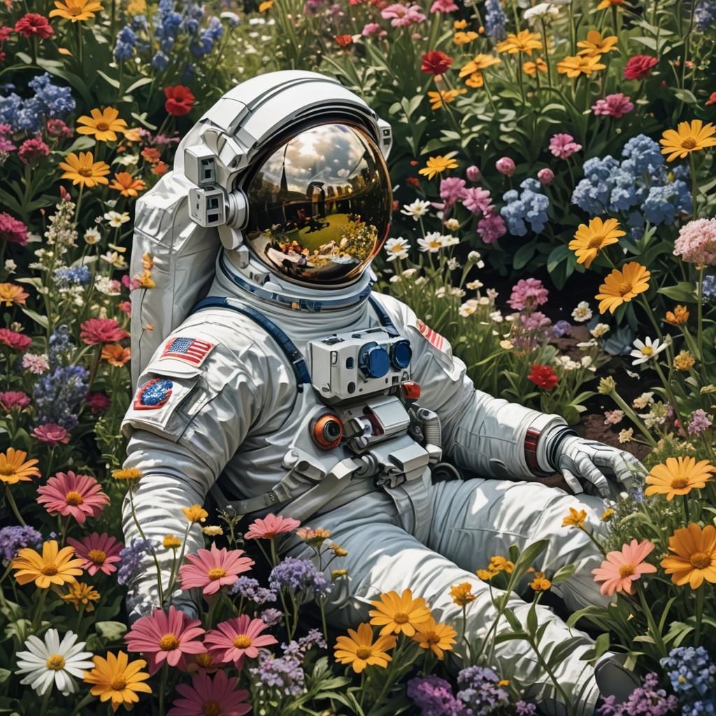 Astronaut in Flower Garden Reflecting the Universe