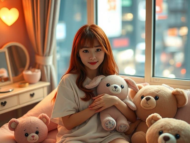 Japanese Woman with Plushies Overlooking Tokyo