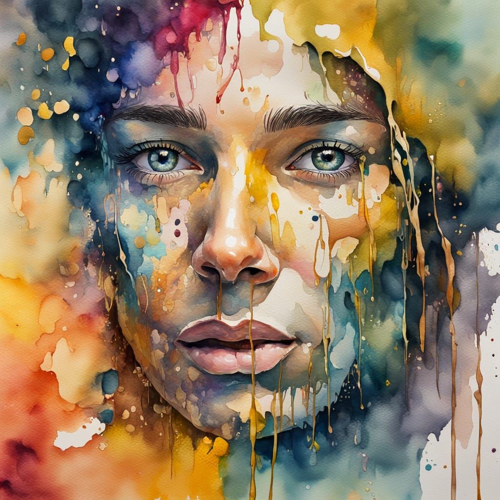Melting Face in Vivid Watercolour Portrait