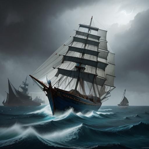 Sailboat Amidst a Stormy Ocean, Detailed Digital Painting
